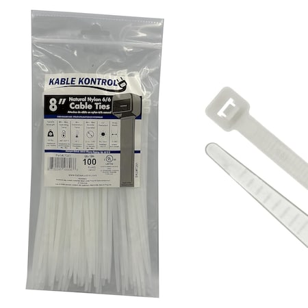 Kable Kontrol Cable Tie, 8 in L, 2.16 in Max Bundle Dia., Natural, Nylon 6/6, 50 lb Strength, 100 PK CT261